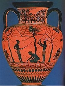 Finca la pontezuela Vasija-griega-donde-se-muestra-una-pintura-recreando-la-recogida-de-la-aceituna